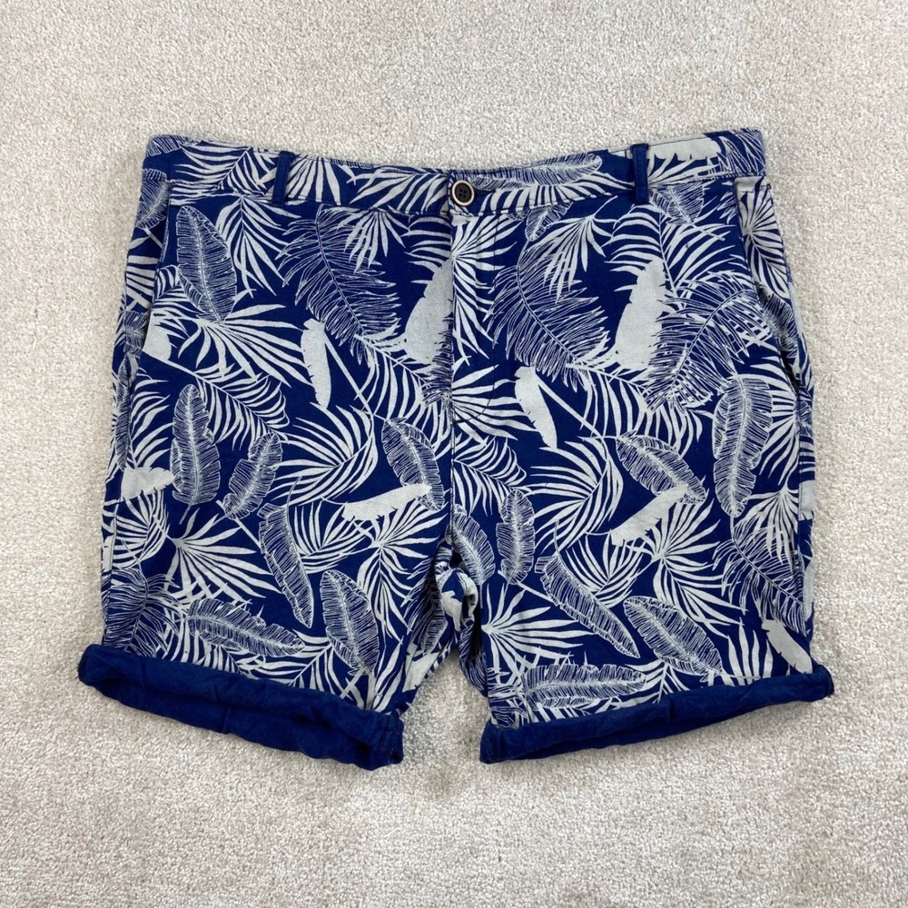 Lyon Tropical Palm Print Shorts Mens 36 (Fits 38) Blue Linen Blend Flat Front